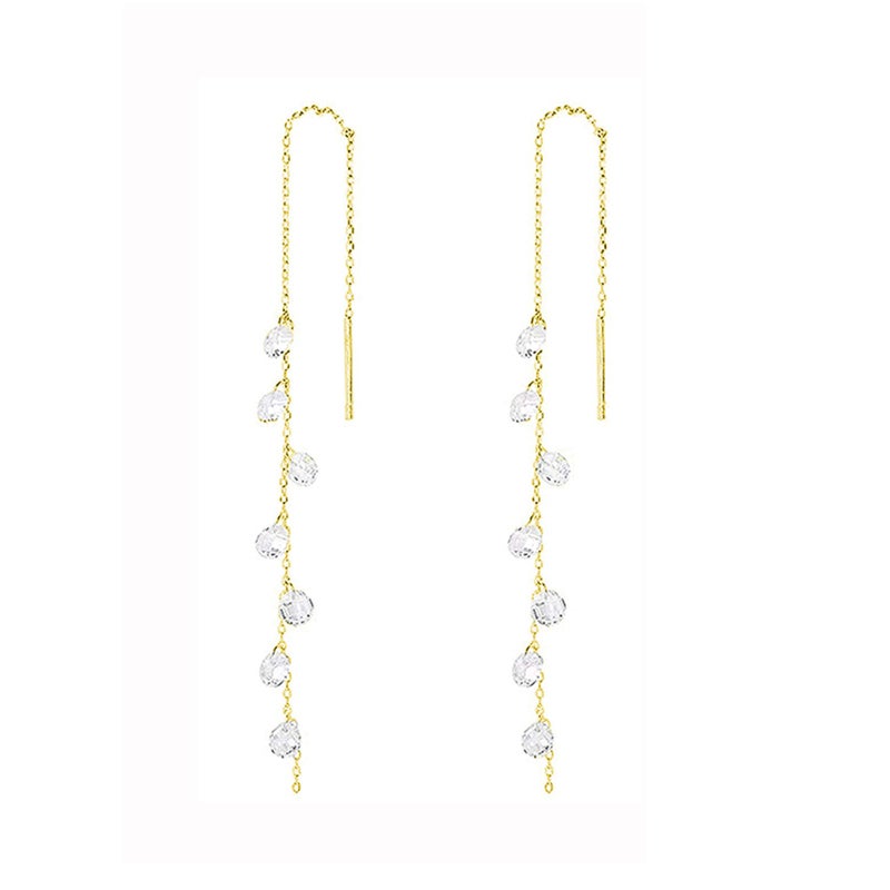 SLUYNZ 925 Sterling Silver Sparkling CZ Droplet Dangle Earrings for Women Teens Elegant Long Dangling Earrings Threader Tassel (C-Gold Plated) - Image 1